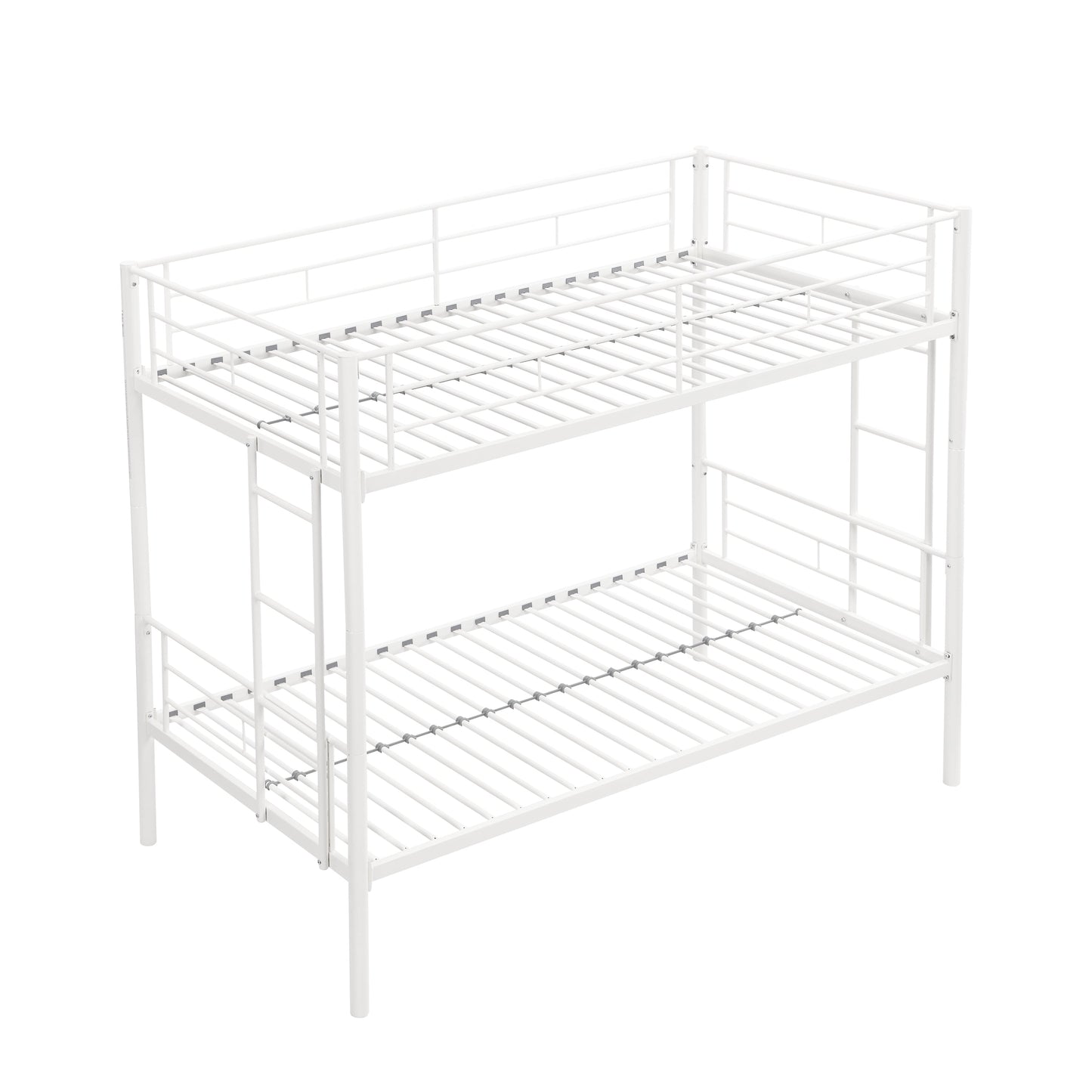 Twin metal bunk beds, metal structure bed frame with safety guardrails and 2 ladders, convertible bunk beds, white