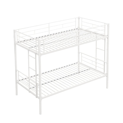 Twin metal bunk beds, metal structure bed frame with safety guardrails and 2 ladders, convertible bunk beds, white