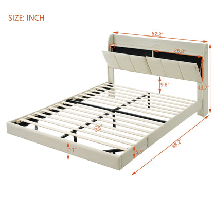 Large floating bed frame with storage headboard, touch sensor, night light and USB charger, padded platform bed, beige color