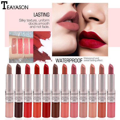 Double-Headed Non-Stick Cup Matte Matte Lip Gloss Two-In-One Matte Bean Paste Does Not Fade With Cup Lipstick Female