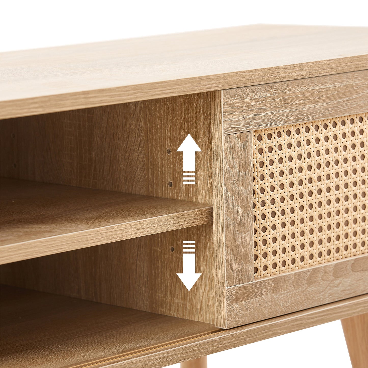 55.12" Rattan TV cabinet double sliding doors for storage adjustable shelf solid wood legs TV console for living room natural