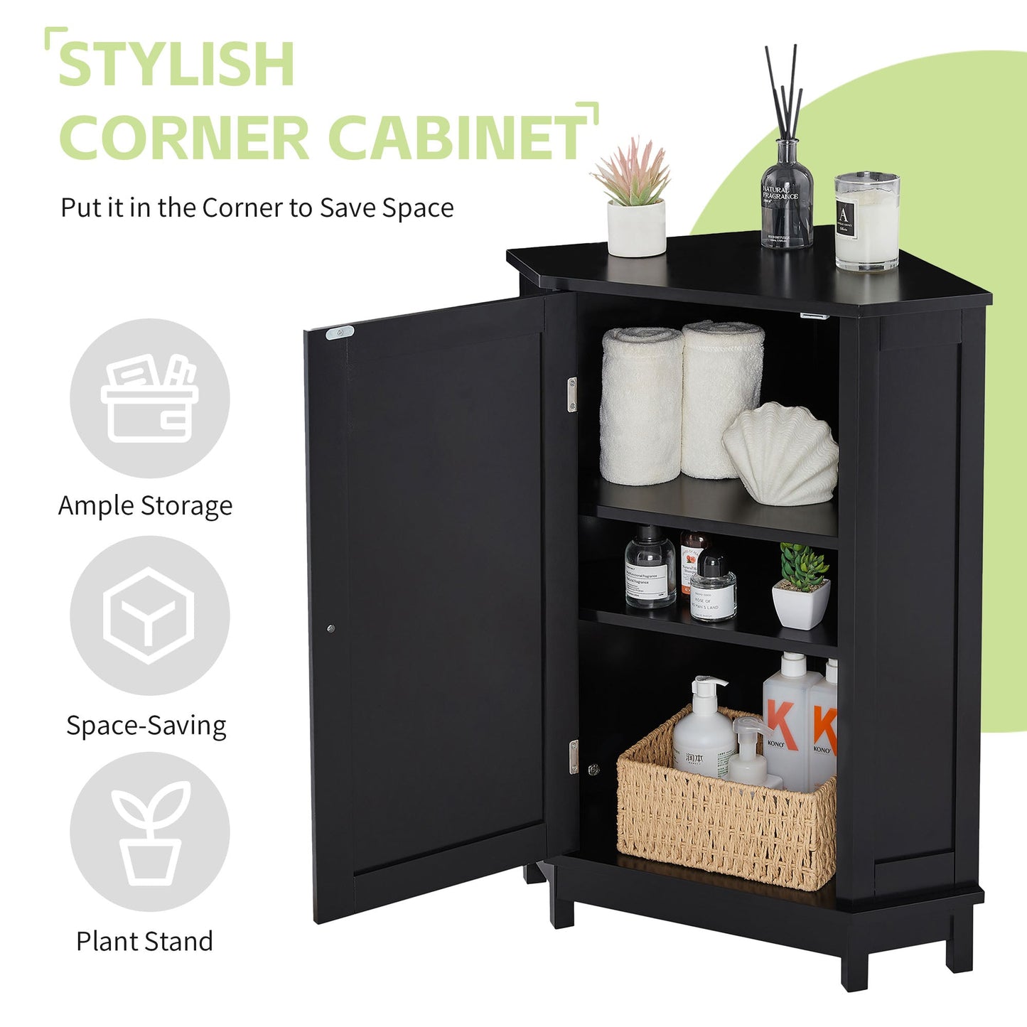Black Bathroom Cabinet Triangle Corner Storage Cabinet with Adjustable Shelf Modern Style MDF Board