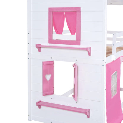 Twin Size Bunk Wood House Bed with Elegant Windows, Sills and Tent, Pink+White