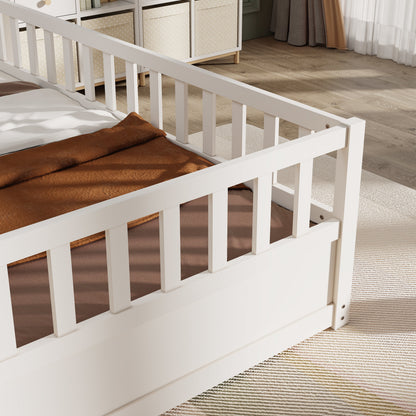 Double bed floor standing bed with ultra-high safety barrier, children's floor standing bed frame, Montessori wooden white