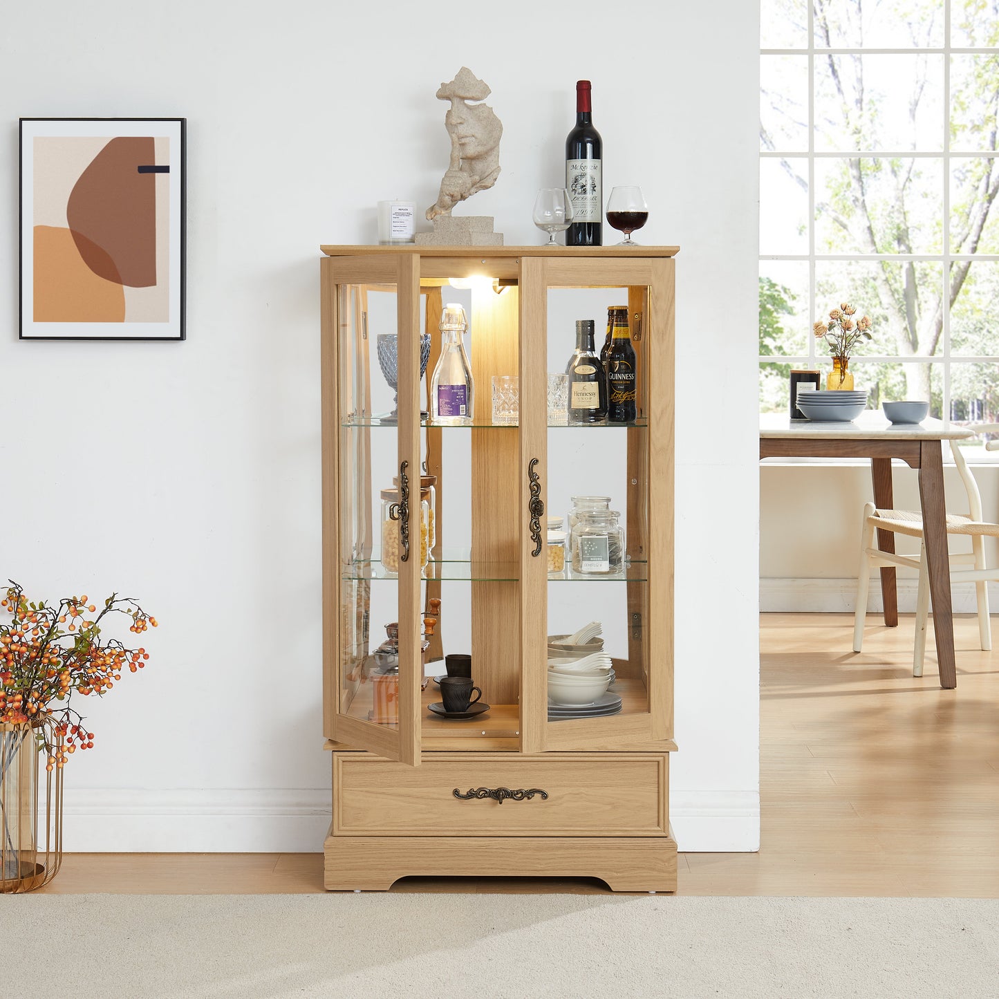 Light colored glass cabinet with adjustable glass frame, including cabinet light bulbs OAK with 2 doors and 1 drawer