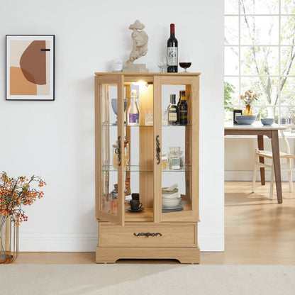 Light colored glass cabinet with adjustable glass frame, including cabinet light bulbs OAK with 2 doors and 1 drawer