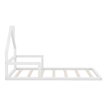 Twin Size Wood Floor Bed with House-shaped Headboard  White