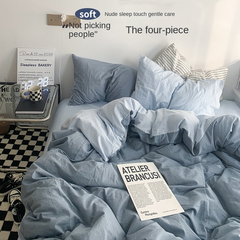 Solid Color Simple Four-Piece Set Flannel Quilt Cover INS Style Quilt Cover Dormitory Summer Washed Cotton Bedding Three-Piece Set