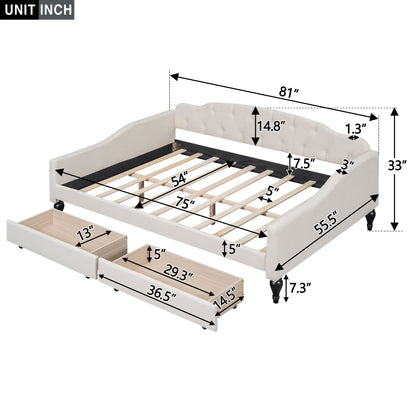Full Size Upholstered Tufted Daybed with Two Drawers, Beige