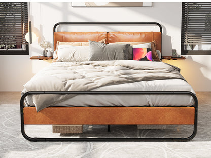 King Size Metal Bed Frame with Upholstered Headboard, with wireless charging and USB A & USB C, Touch LED light Vintage Brown