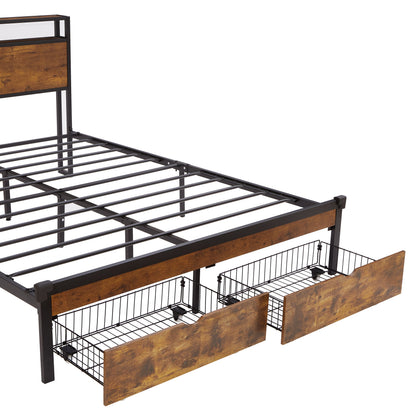 Large metal bed frame with wooden headboard and USB foot pedal, charging station, 2 drawers, LED lights, no need for box spring