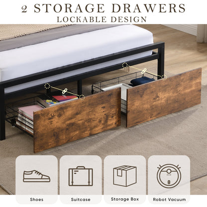 Large bed frame with storage headboard and 2 drawers, LED light bed, charging station, metal platform bed