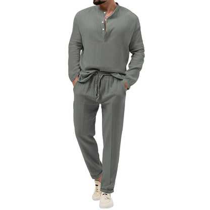 Solid Color Casual T-shirt Long Sleeve Shirt Trousers Set