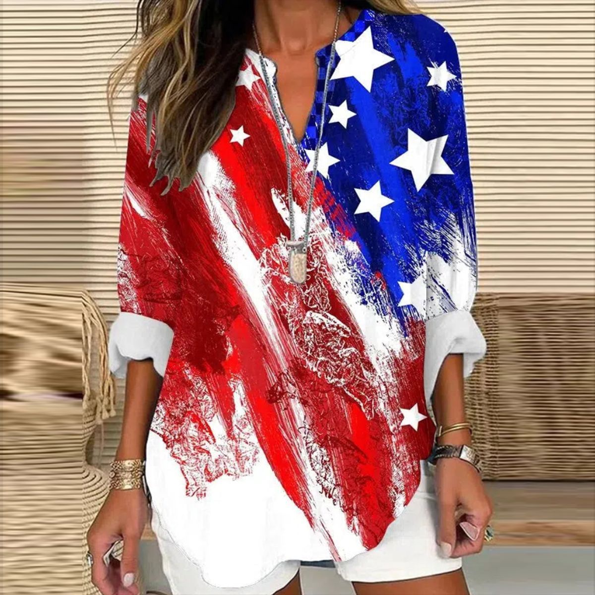 Independence Day Floral Long Sleeve V-Neck T-shirt