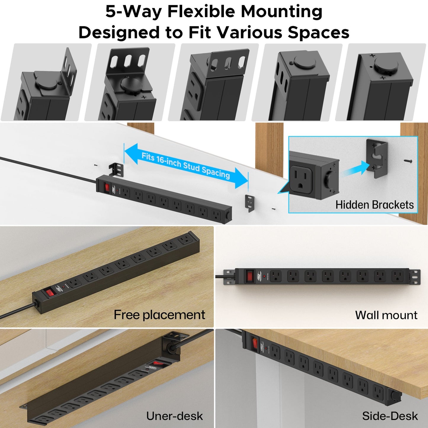 CRST 8-Outlet Mountable Metal Power Strip | 4-Way Bracket Mount, 2100J