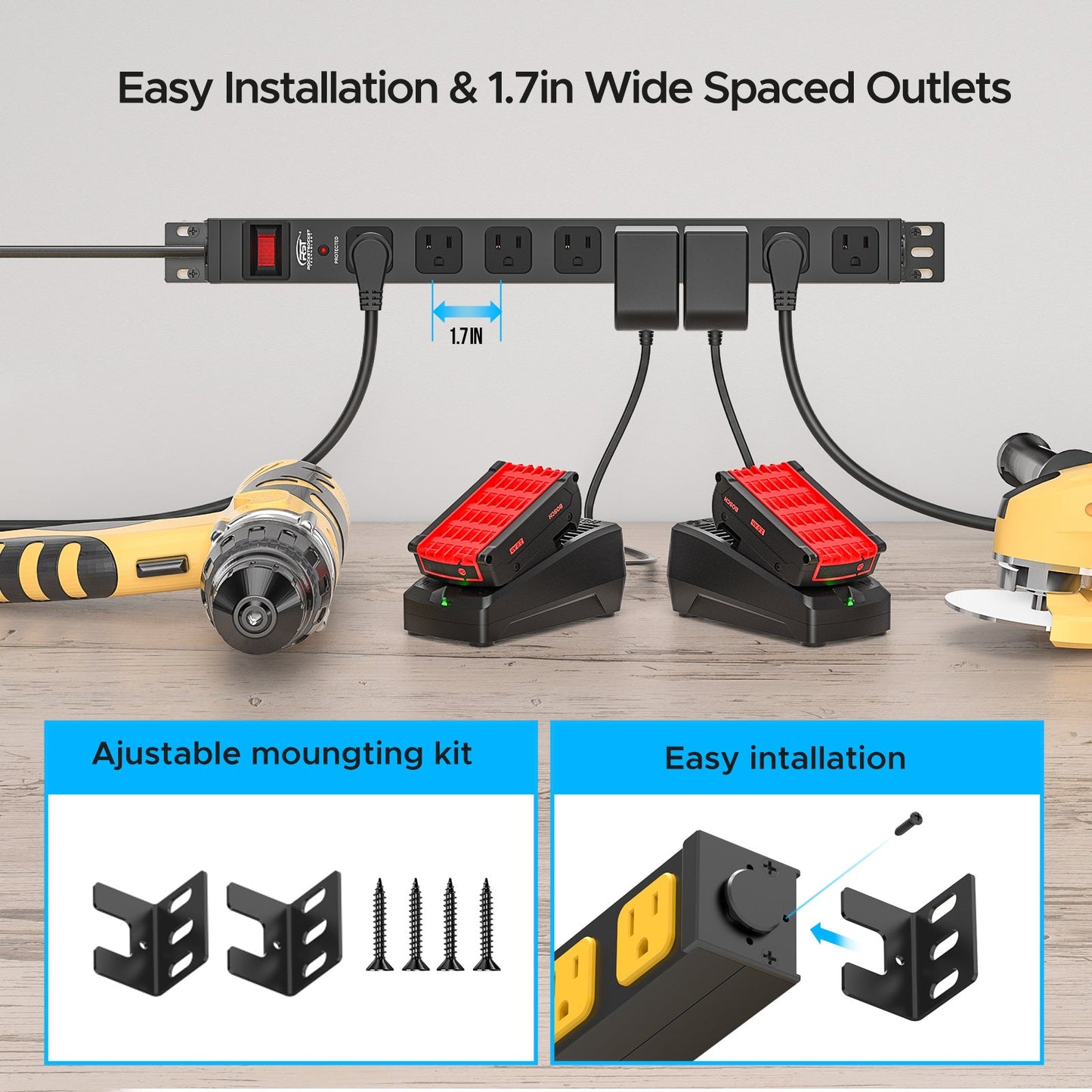 CRST 8-Outlet Mountable Metal Power Strip | 4-Way Bracket Mount, 2100J
