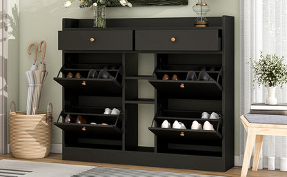 ONTREND modern shoe cabinet with 4 flipped drawers, multifunctional double-layer shoe storage with drawers, black.
