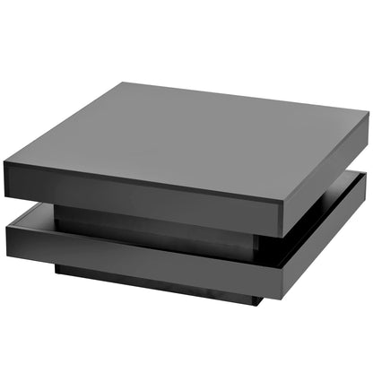 ON-TREND High Gloss Minimalist Design with LED Lights 2-Tier Square Coffee Table Black