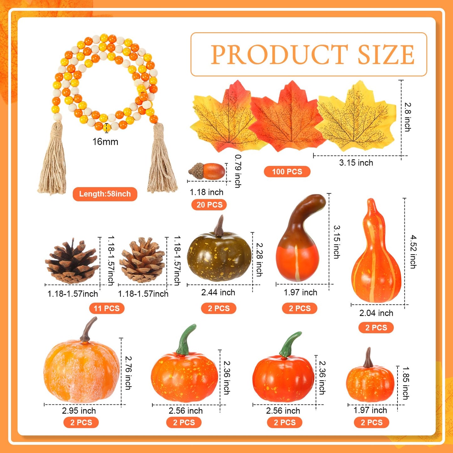 Jutom 148 PCS Fall Artificial Pumpkins Set with Pinecones Acorns Leaves