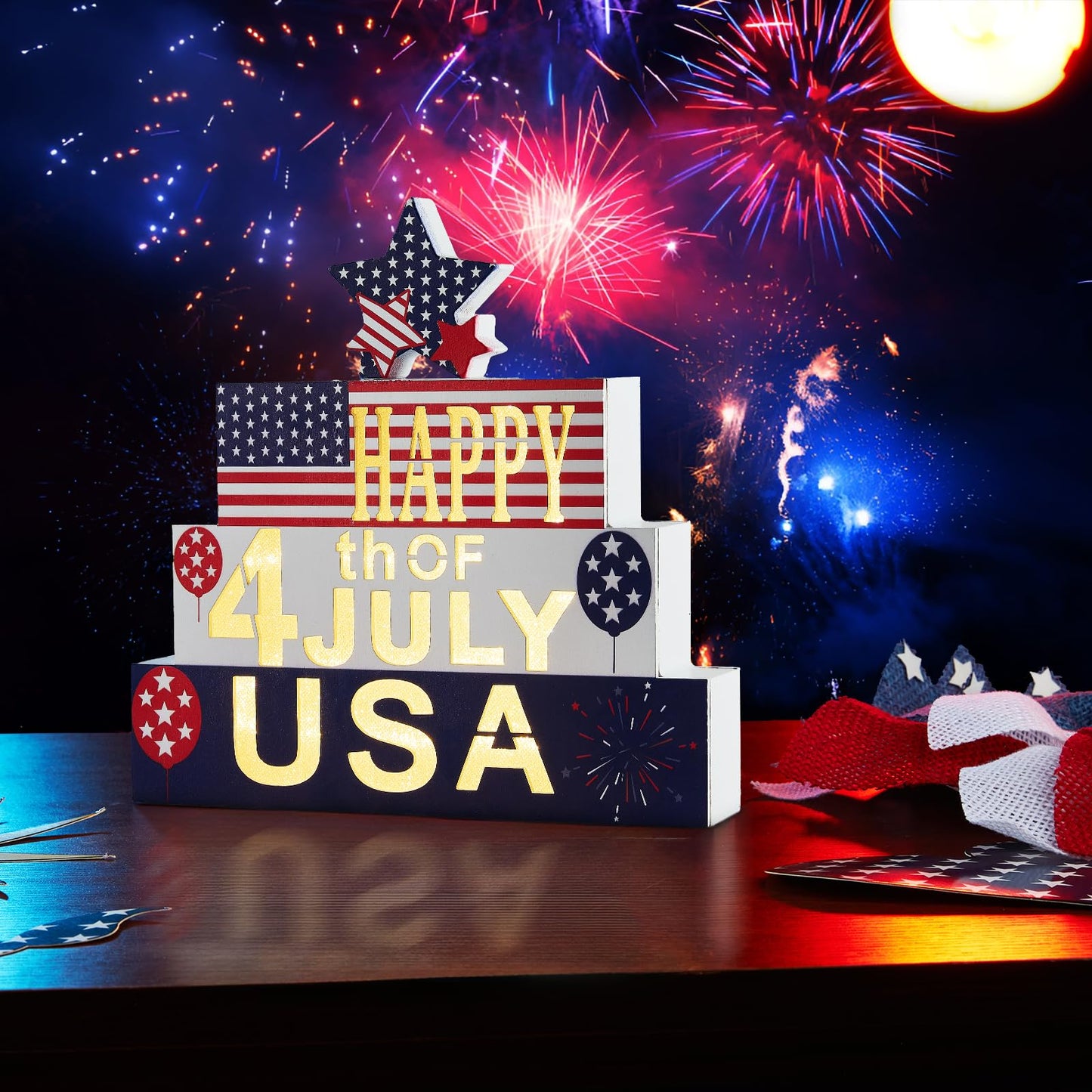 WBao Halloween Wooden Set 9.4in Glowing 3D Letter Battery Powered Red White Blue