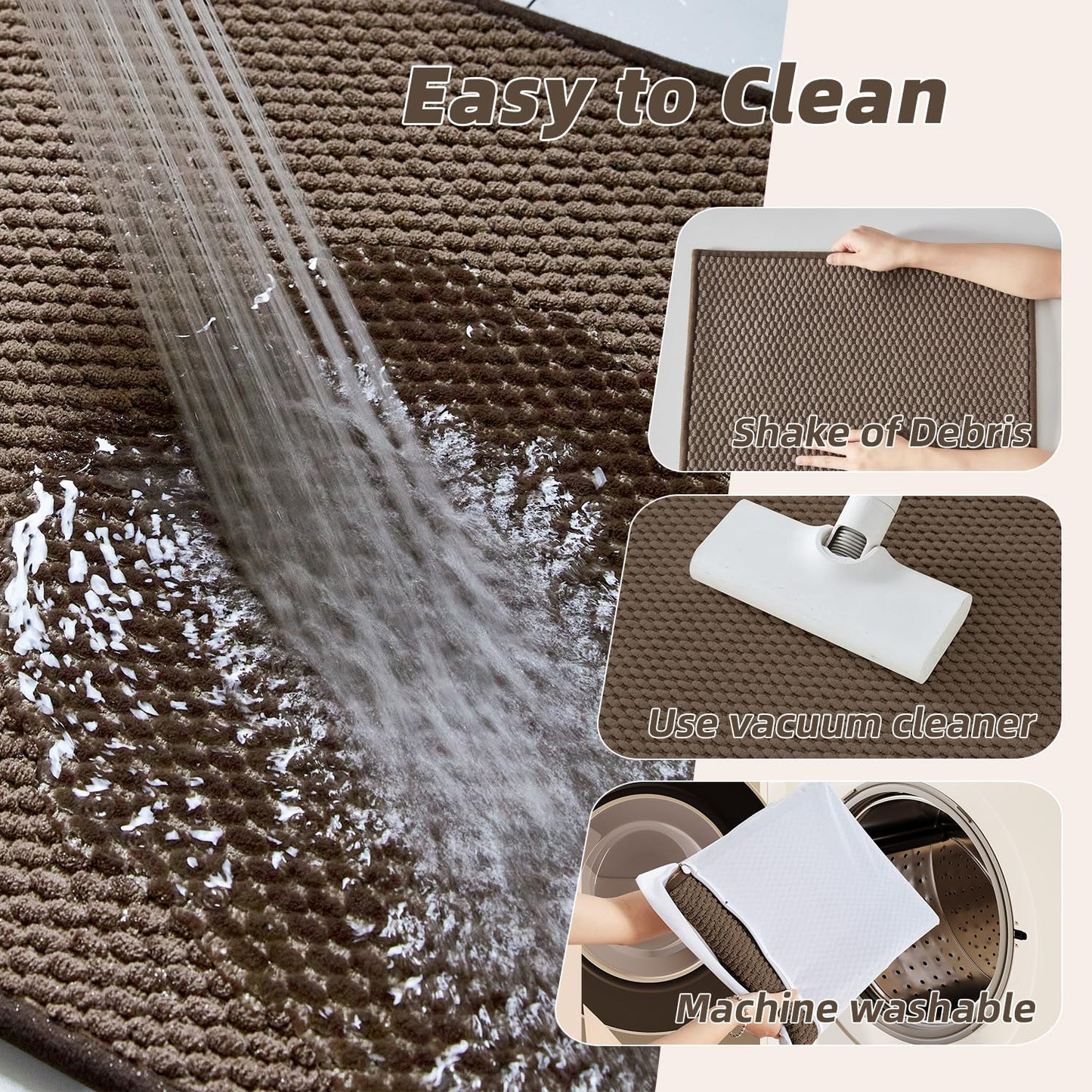 BULULOM Chenille Bathroom Rug Rubber Backing Brown 16x24 Absorbent Mat