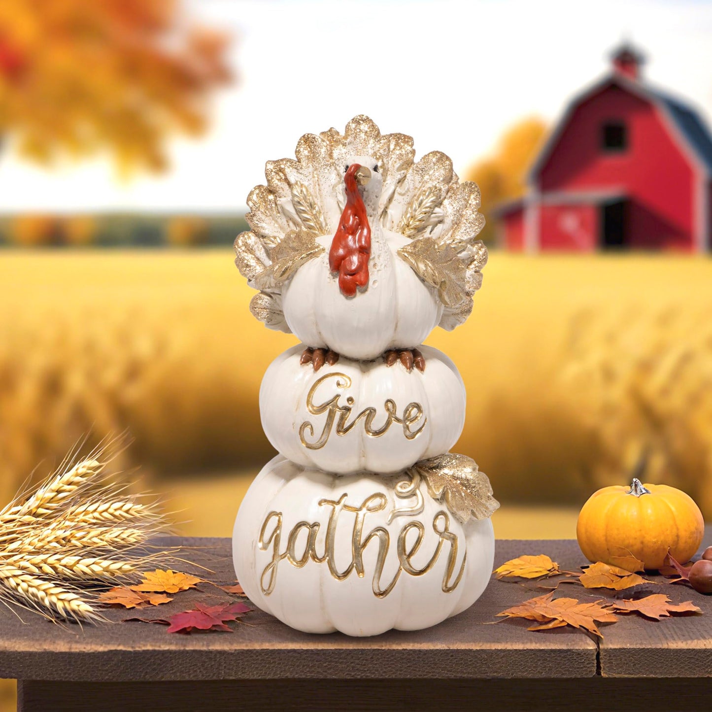 Hodao Thanksgiving Pumpkin Turkey Figurine 3 Stacked Pumpkins White Resin