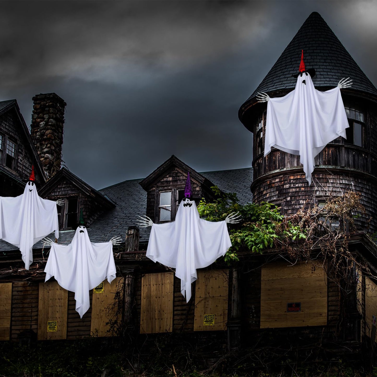 Threan 4-Piece Hanging Ghost Decorations 28-35" White Halloween Decor