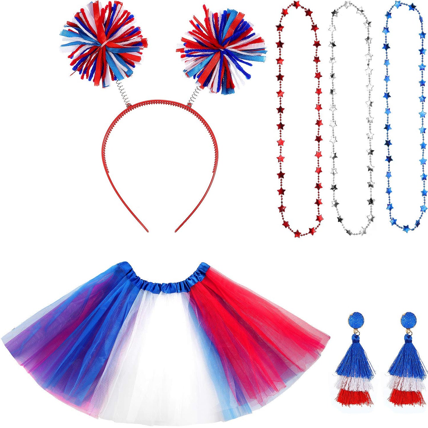 Hicarer 80s Women Tutu Set Pom Pom Headband Necklaces Earrings Red Blue White M