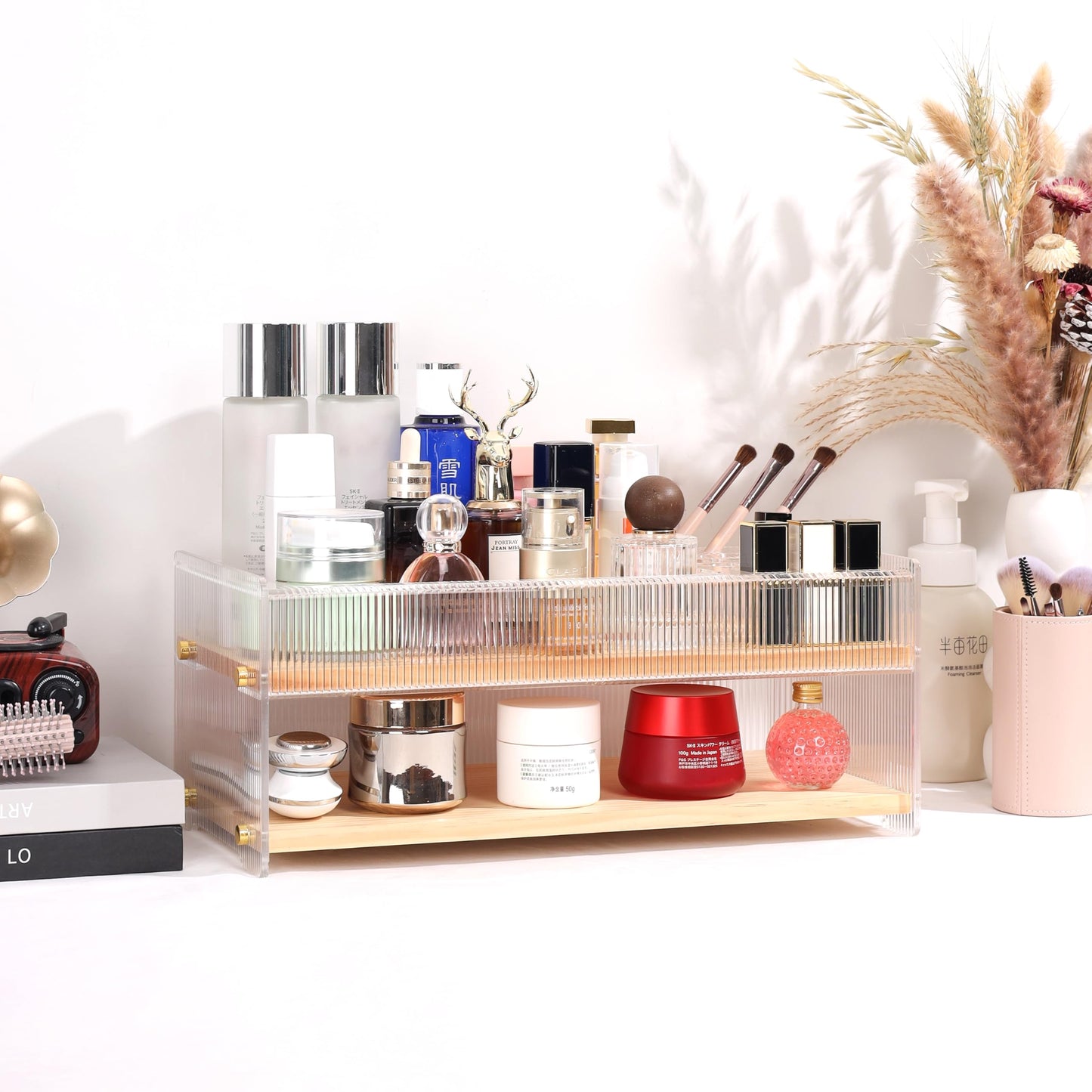 KAOTGOT Pine Wood Acrylic Makeup Organizer with Brush & Lipstick Holder