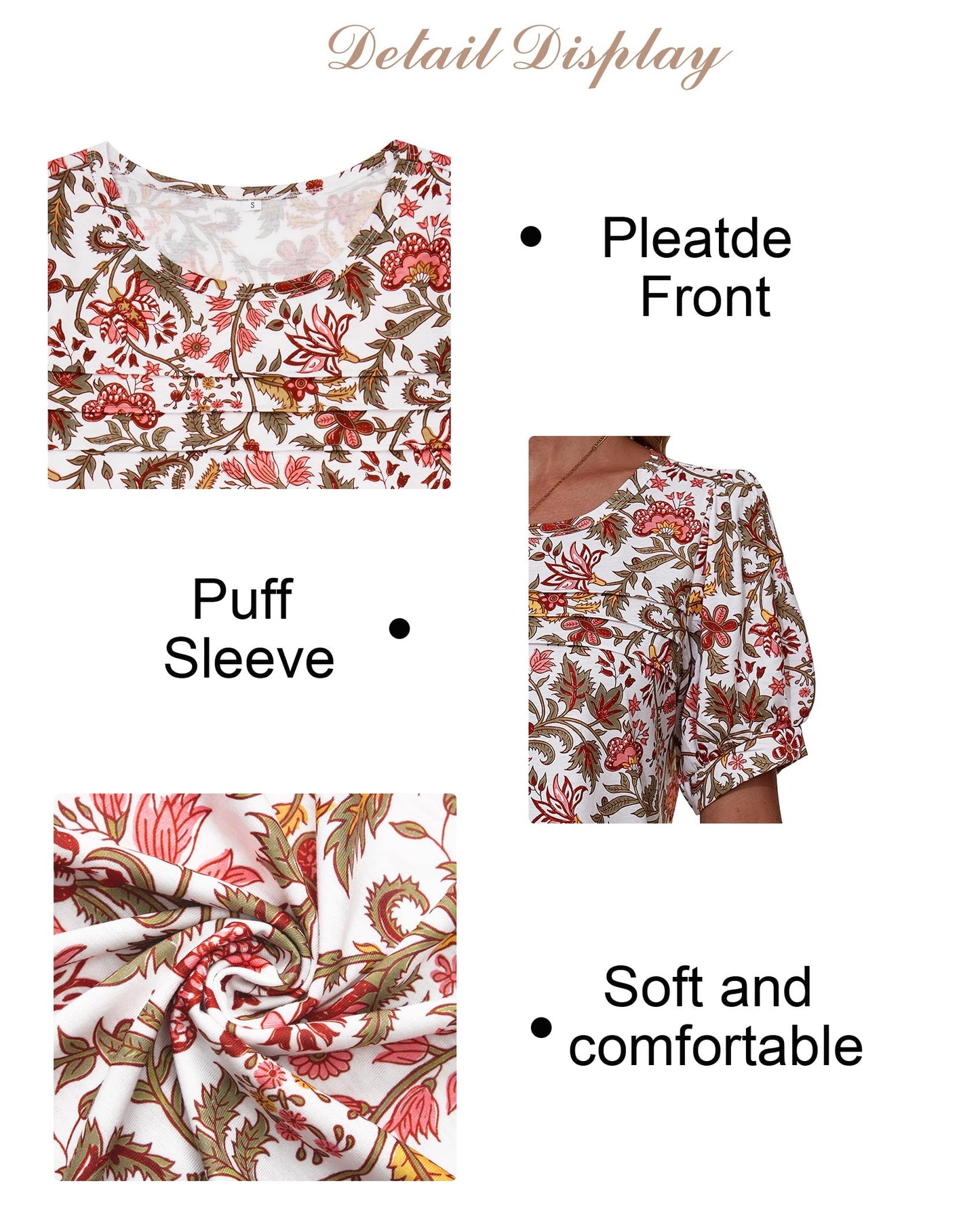 Uhiger Womens Summer Pleated Puff Sleeve Top Crewneck White Orange Flower Size S