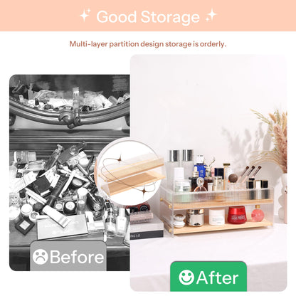 KAOTGOT Pine Wood Acrylic Makeup Organizer with Brush & Lipstick Holder