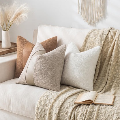 Laolitou 2 Pack Boucle Pillow Covers 18x18 Inch Faux Leather Oatmeal