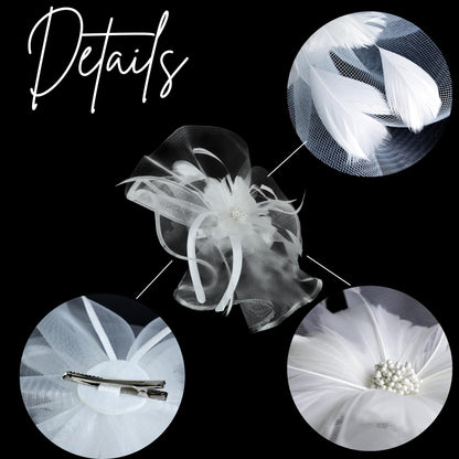 Needzo White Floral Feather Mesh Fascinator Headband Hair Clip One Size