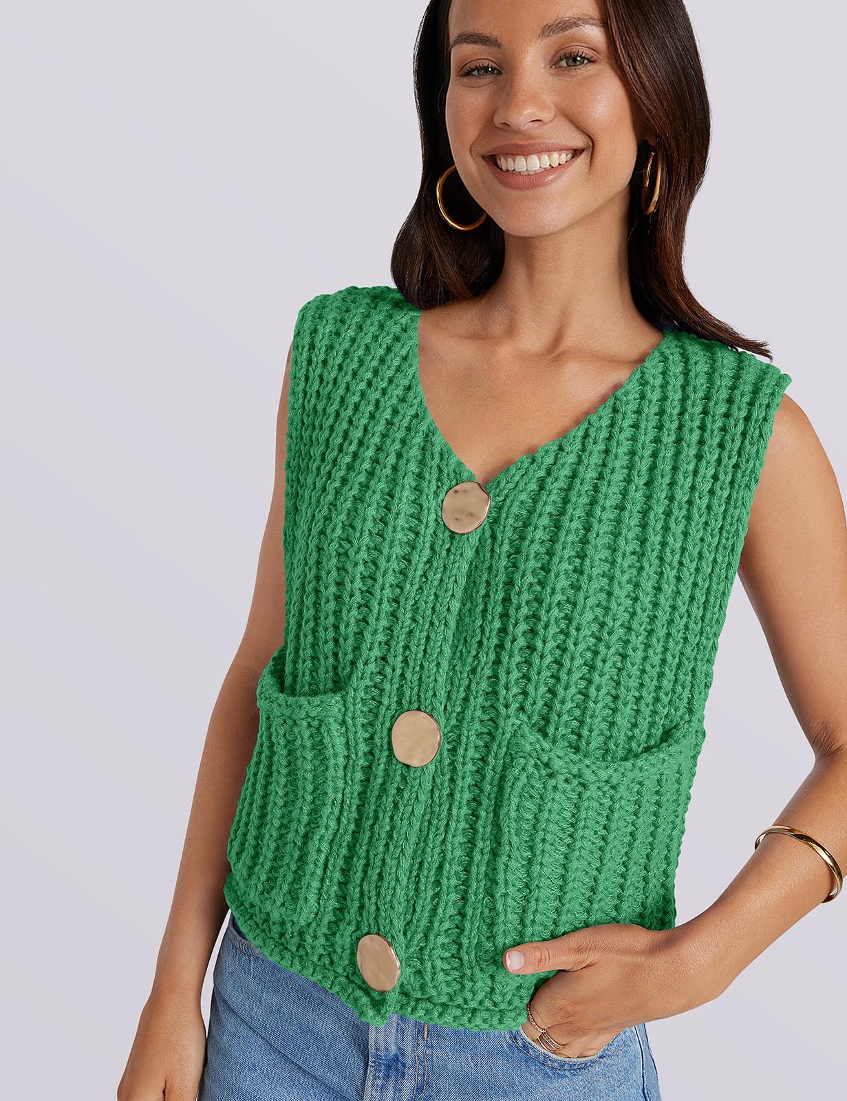 UEU Women's V Neck Crochet Sweater Vest Sleeveless Cardigan Green Size M