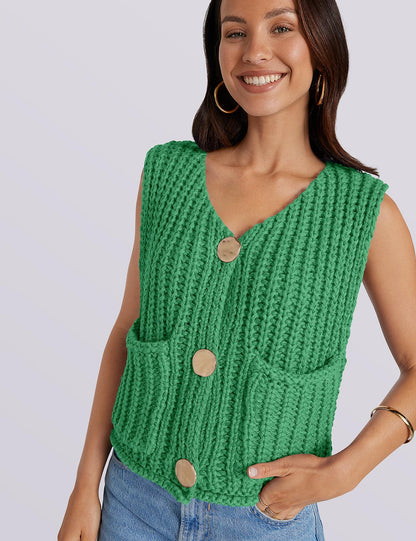 UEU Women's V Neck Crochet Sweater Vest Sleeveless Cardigan Green Size M