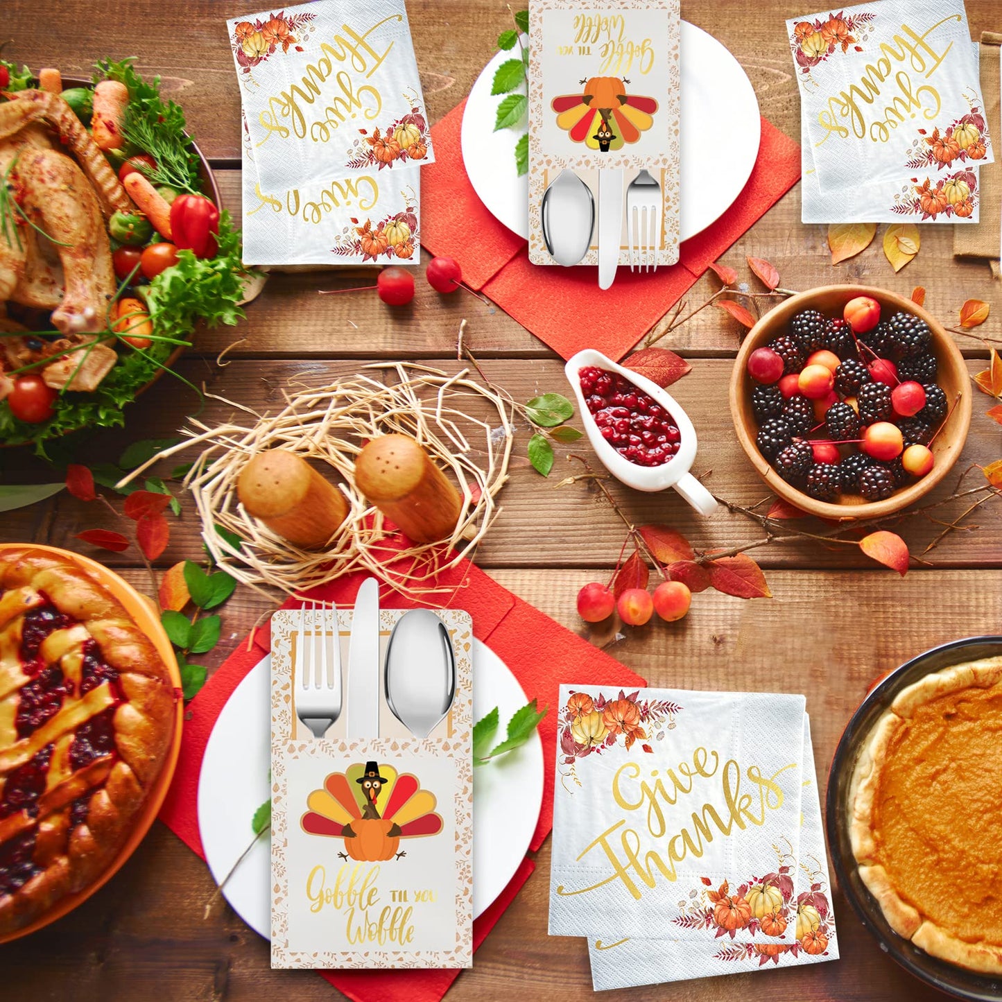 Qeqczow Thanksgiving Gold Foil Napkins & Cutlery Holders Set 68 Pcs