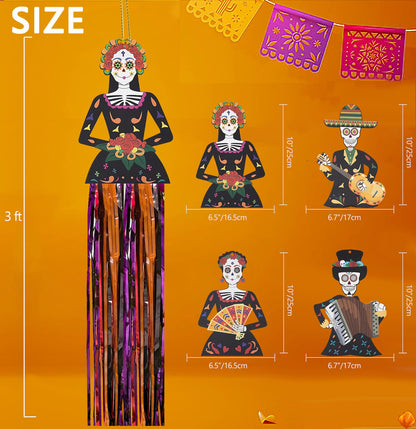 Aovaely 4PCS Day of the Dead Sugar Skull Hanging Decorations Dia De Los Muertos