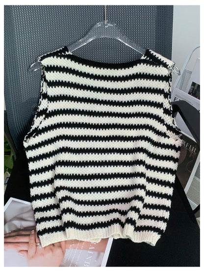SOLY HUX Women's Striped V Neck Sweater Vest Sleeveless Cardigan Black Beige S