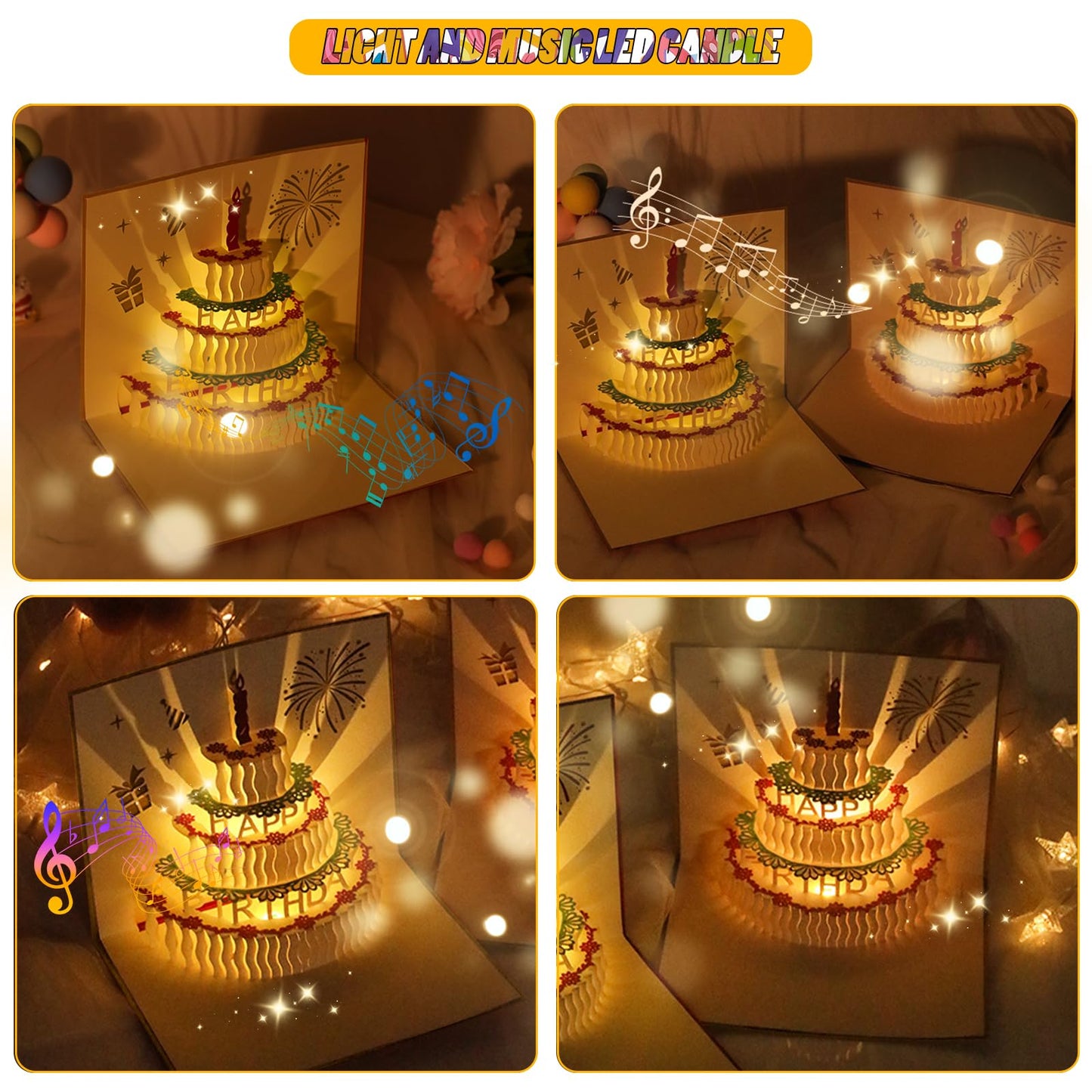 CANREVEL 3D PopUp LED Birthday Card Blowable Candle Music Black Gold