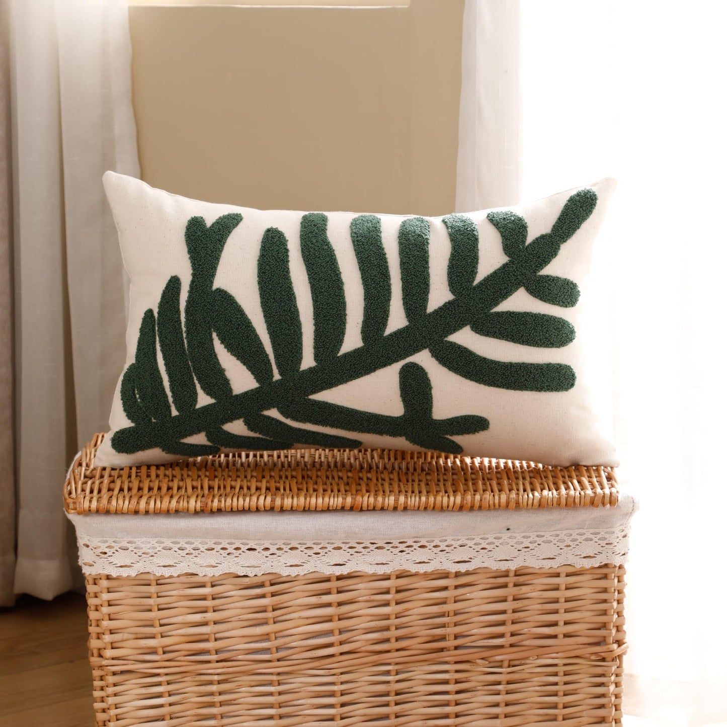Tosleo 12x20in Green Tropical Leaf Embroidered Pillow Covers 2 Pack