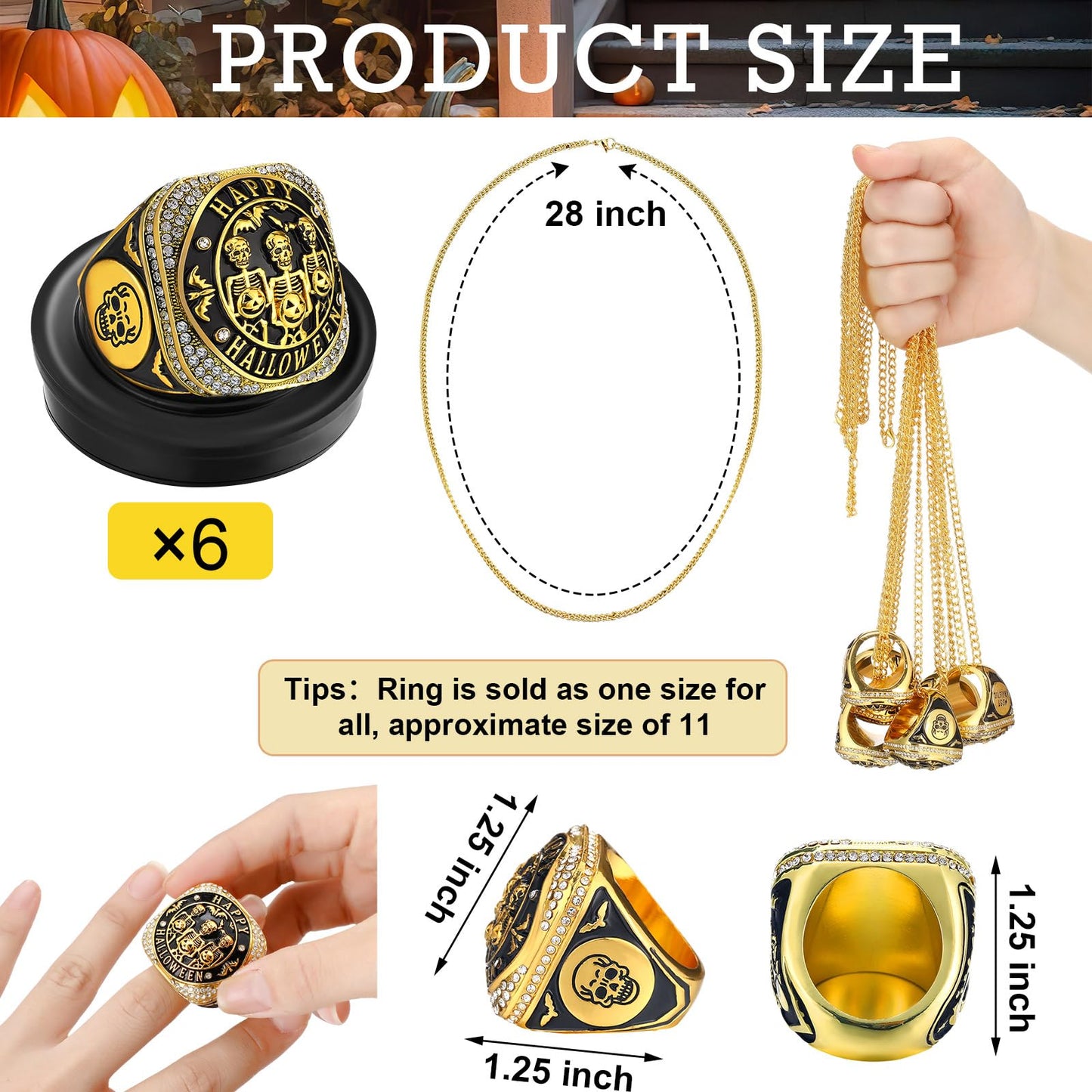 Highergo Halloween Skeleton Trophy Rings Set 6pcs with Neck Chain Stand