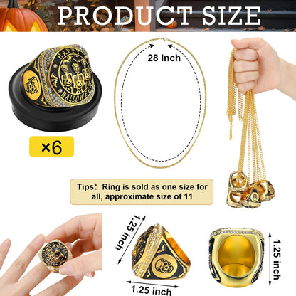 Highergo Halloween Skeleton Trophy Rings Set 6pcs with Neck Chain Stand