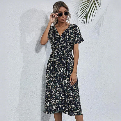 HEBELD Womens Midi Floral V Neck Wrap Dress Elastic Waist Black Size M