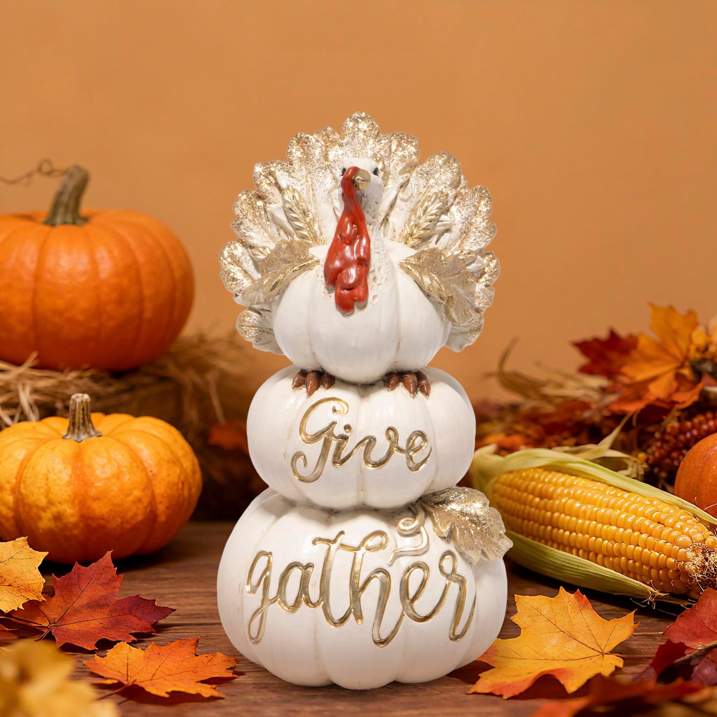 Hodao Thanksgiving Pumpkin Turkey Figurine 3 Stacked Pumpkins White Resin