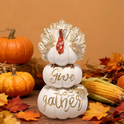 Hodao Thanksgiving Pumpkin Turkey Figurine 3 Stacked Pumpkins White Resin