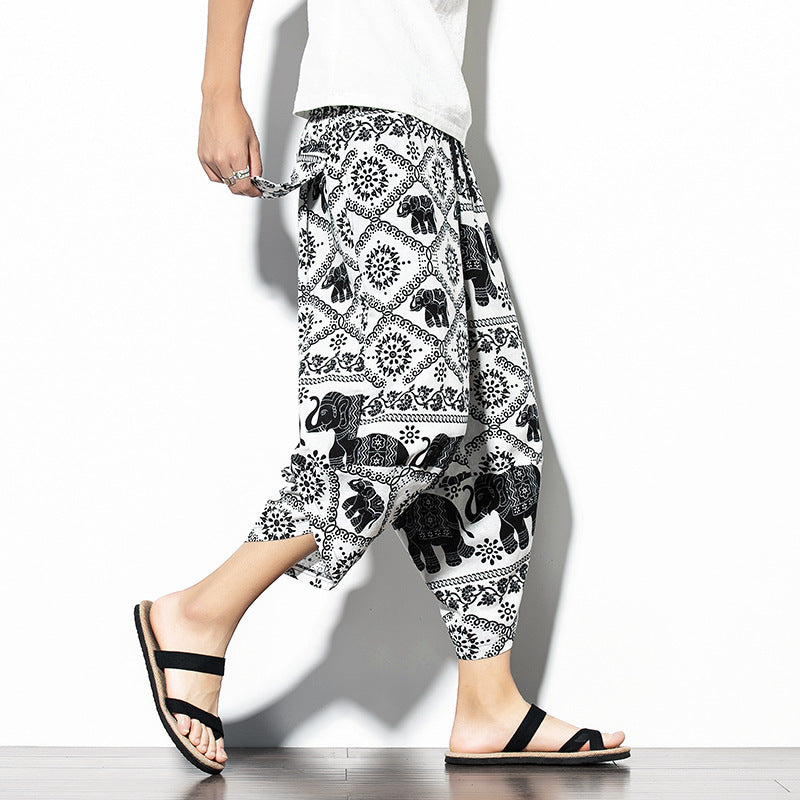 Printed Baggy Cotton Linen Cropped Pants