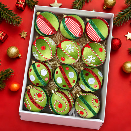 SUPREME XMAS 12 Pcs Velvet Christmas Ornaments Set 80mm Green Red White