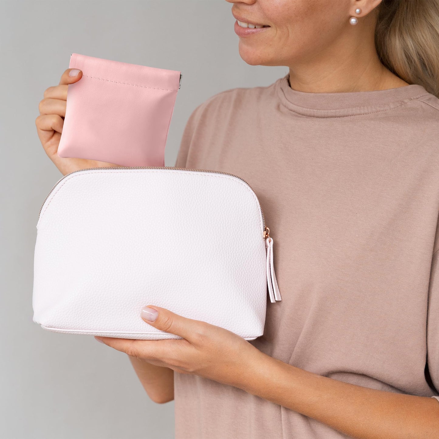 GQIRIL Mini Travel Cosmetic Bag Set 3PCS Waterproof Leather Pink