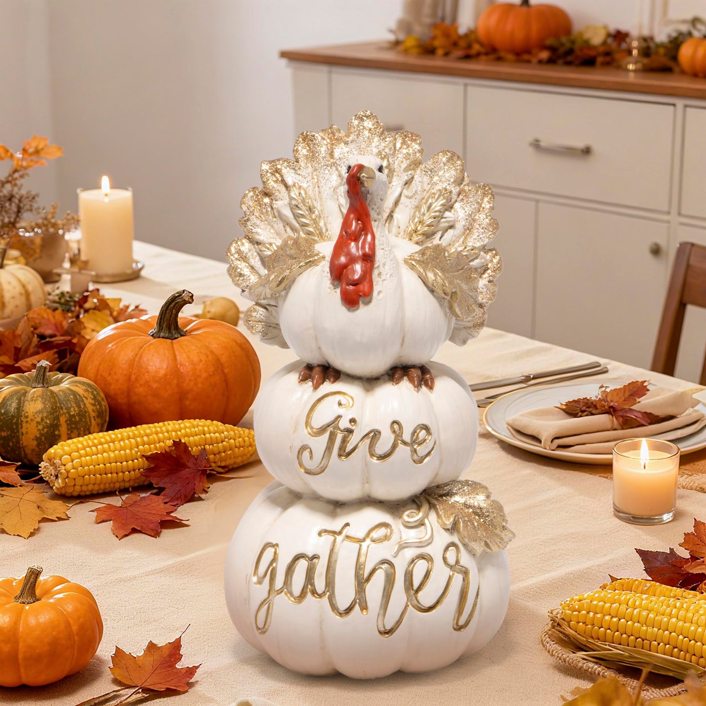 Hodao Thanksgiving Pumpkin Turkey Figurine 3 Stacked Pumpkins White Resin