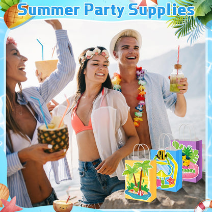MotiMind 24 Pcs Hawaiian Luau Beach Party Paper Bags with Handles Multicolor